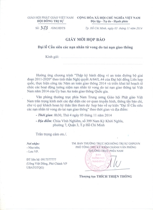 Thư mời tham dự đại lễ cầu siêu cho các nạn nhân tử vong do tai nạn giao thông