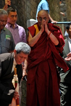 His Holiness the Dalai Lama arriving at Upper TCV School auditorium in the morning of June 3 for the introductory teachings on Buddhism.(Phayul Photo/Norbu Wangyal)