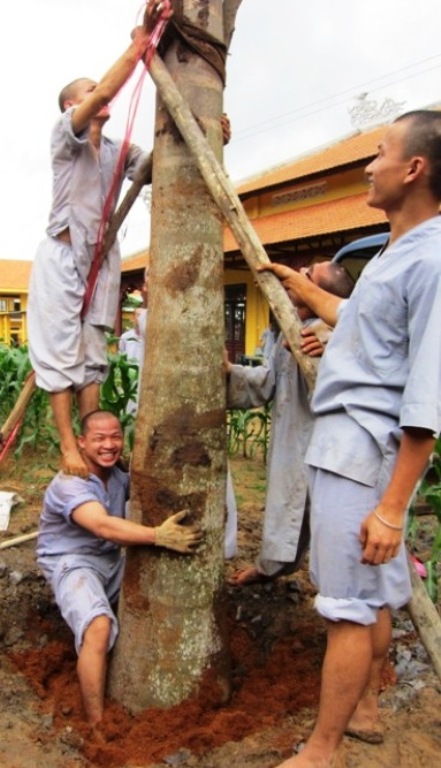 Tuy những giờ lao động trong chùa mệt nhọc nhưng nụ cười vẫn nở trên môi của quý thầy